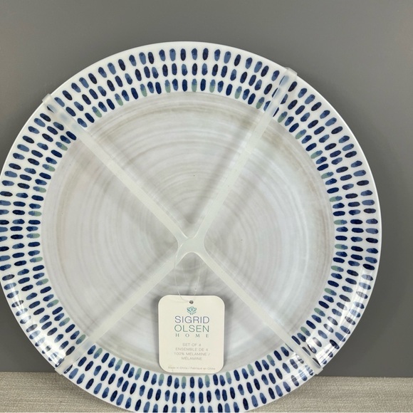 Sigrid Olsen Melamine Dinner Plates Modern Blue White Grey Pattern Set of 4 NEW - Picture 6 of 6